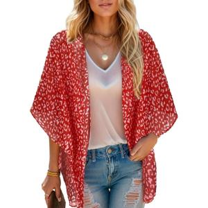 Moss Rose Women’s Beach Kimono Coverup Sheer Chiffon Cover Ups, Casual Loose Open Front Cardigan Tops(Red Floral)
