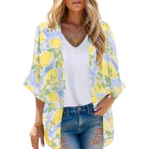 Moss Rose Women’s Beach Kimono Coverup Sheer Chiffon Cover Ups, Casual Loose Open Front Cardigan Tops(Yellow)