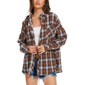 Moss Rose Womens Button Down Flannel Shirts Long Sleeve Plaid Shackets Business Casual Blouse Top(Brown White)