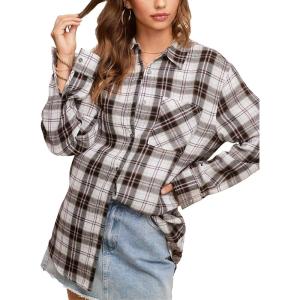 Moss Rose Womens Button Down Flannel Shirts Long Sleeve Plaid Shackets Business Casual Blouse Top(White Purple)