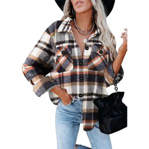 Moss Rose Womens Casual Plaid Shackets Button Down Long Sleeve Jacket Coats Shirts(Brown)