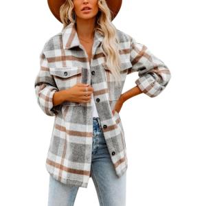 Moss Rose Womens Casual Plaid Shackets Button Down Long Sleeve Jacket Coats Shirts(Grey)