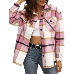 Moss Rose Womens Casual Plaid Shackets Button Down Long Sleeve Jacket Coats Shirts(Pink)