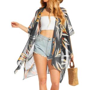 Moss Rose Women’s Chiffon Long Kimono Beach Cover up for Summer Bathing Suits Cardigans Casual Loose Swimwear(A-black)