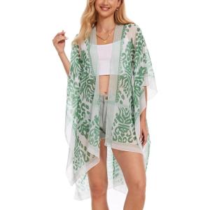 Moss Rose Women’s Chiffon Long Kimono Beach Cover up for Summer Bathing Suits Cardigans Casual Loose Swimwear(B-green)