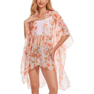 Moss Rose Women’s Chiffon Long Kimono Beach Cover up for Summer Bathing Suits Cardigans Casual Loose Swimwear(B-multicolor Flower)