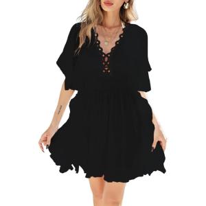 Moss Rose Women’s Lace Bathing Suit Cover Up V-Neck Coverups Swimwear Swimsuit Swim Beach Dress Beachwear(Z-black)