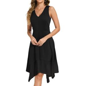 Moss Rose Women’s Summer Casual Dress Fashion V Neck Sleeveless Midi Dresses with Asymmetrical Hem(Black)