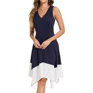 Moss Rose Women’s Summer Casual Dress Fashion V Neck Sleeveless Midi Dresses with Asymmetrical Hem(Navy)