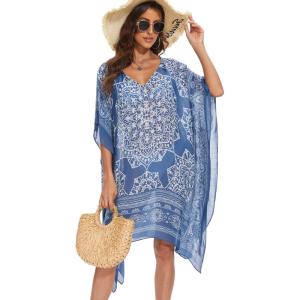 Moss Rose Women’s Swimsuit Cover up Beach Kaftan for Bathing Suit with Floral Pattern(Ab Blue)