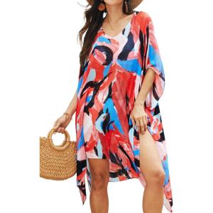 Moss Rose Women’s Swimsuit Cover up Beach Kaftan for Bathing Suit with Floral Pattern(B Colorful Red 2)