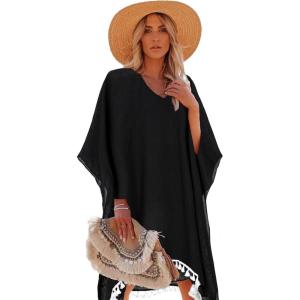 Moss Rose Women’s Swimsuit Cover up Beach Kaftan for Bathing Suit with Floral Pattern(Black With Tassel2)