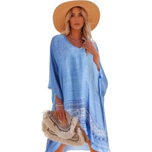 Moss Rose Women’s Swimsuit Cover up Beach Kaftan for Bathing Suit with Floral Pattern(Blue)