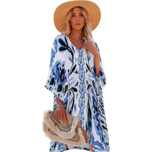 Moss Rose Women’s Swimsuit Cover up Beach Kaftan for Bathing Suit with Floral Pattern(Bluefloral)