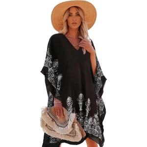 Moss Rose Women’s Swimsuit Cover up Beach Kaftan for Bathing Suit with Floral Pattern(C Adeline Black1)