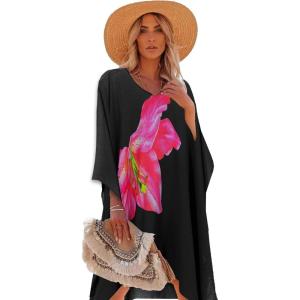 Moss Rose Women’s Swimsuit Cover up Beach Kaftan for Bathing Suit with Floral Pattern(E Black Flower)