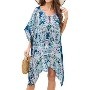 Moss Rose Women’s Swimsuit Cover up Beach Kaftan for Bathing Suit with Floral Pattern(E Black Green Tropical)