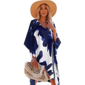 Moss Rose Women’s Swimsuit Cover up Beach Kaftan for Bathing Suit with Floral Pattern(E Blue Flower)