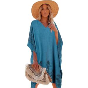 Moss Rose Women’s Swimsuit Cover up Beach Kaftan for Bathing Suit with Floral Pattern(E Blue Print)