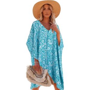 Moss Rose Women’s Swimsuit Cover up Beach Kaftan for Bathing Suit with Floral Pattern(E Blue2)