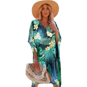 Moss Rose Women’s Swimsuit Cover up Beach Kaftan for Bathing Suit with Floral Pattern(E Green Flower)
