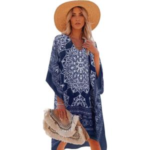 Moss Rose Women’s Swimsuit Cover up Beach Kaftan for Bathing Suit with Floral Pattern(E Navy)
