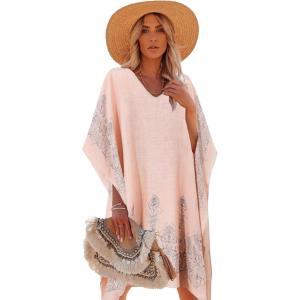 Moss Rose Women’s Swimsuit Cover up Beach Kaftan for Bathing Suit with Floral Pattern(E Pink)