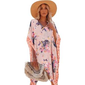 Moss Rose Women’s Swimsuit Cover up Beach Kaftan for Bathing Suit with Floral Pattern(E Pink Floral Print)