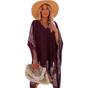 Moss Rose Women’s Swimsuit Cover up Beach Kaftan for Bathing Suit with Floral Pattern(E Wine Print)
