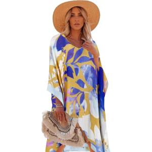 Moss Rose Women’s Swimsuit Cover up Beach Kaftan for Bathing Suit with Floral Pattern(E Yellow*)
