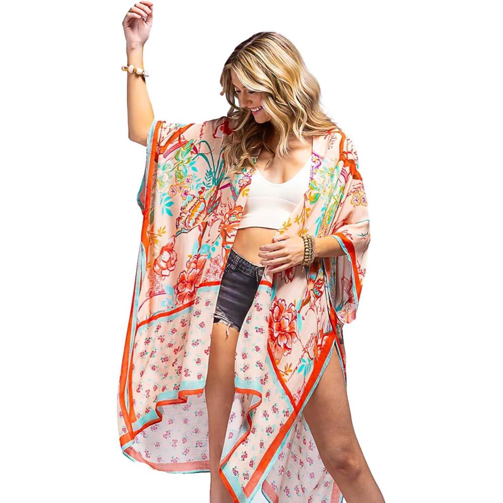 imageMoss Rose Womens Beach Cover up Swimsuit Kimono Cardigan with Bohemian Floral PrintB Multicolor Red Print