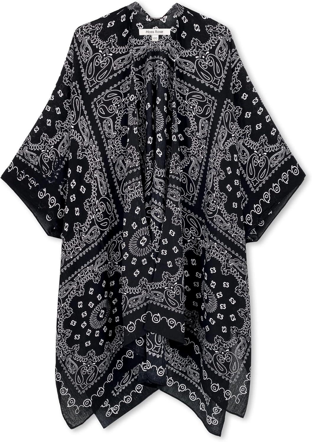 imageMoss Rose Womens Beach Cover up Swimsuit Kimono with Bohemian Floral Print Loose Casual Resort WearF Black Mestry