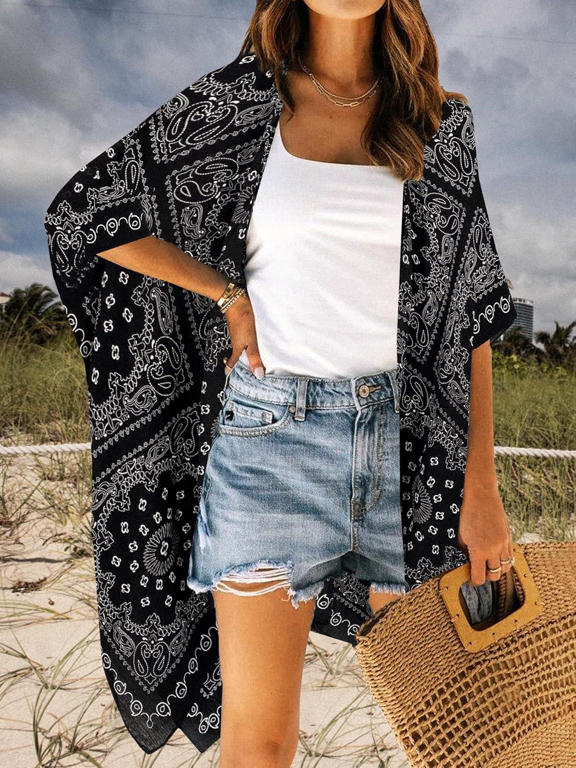 imageMoss Rose Womens Beach Cover up Swimsuit Kimono with Bohemian Floral Print Loose Casual Resort WearF Black Mestry