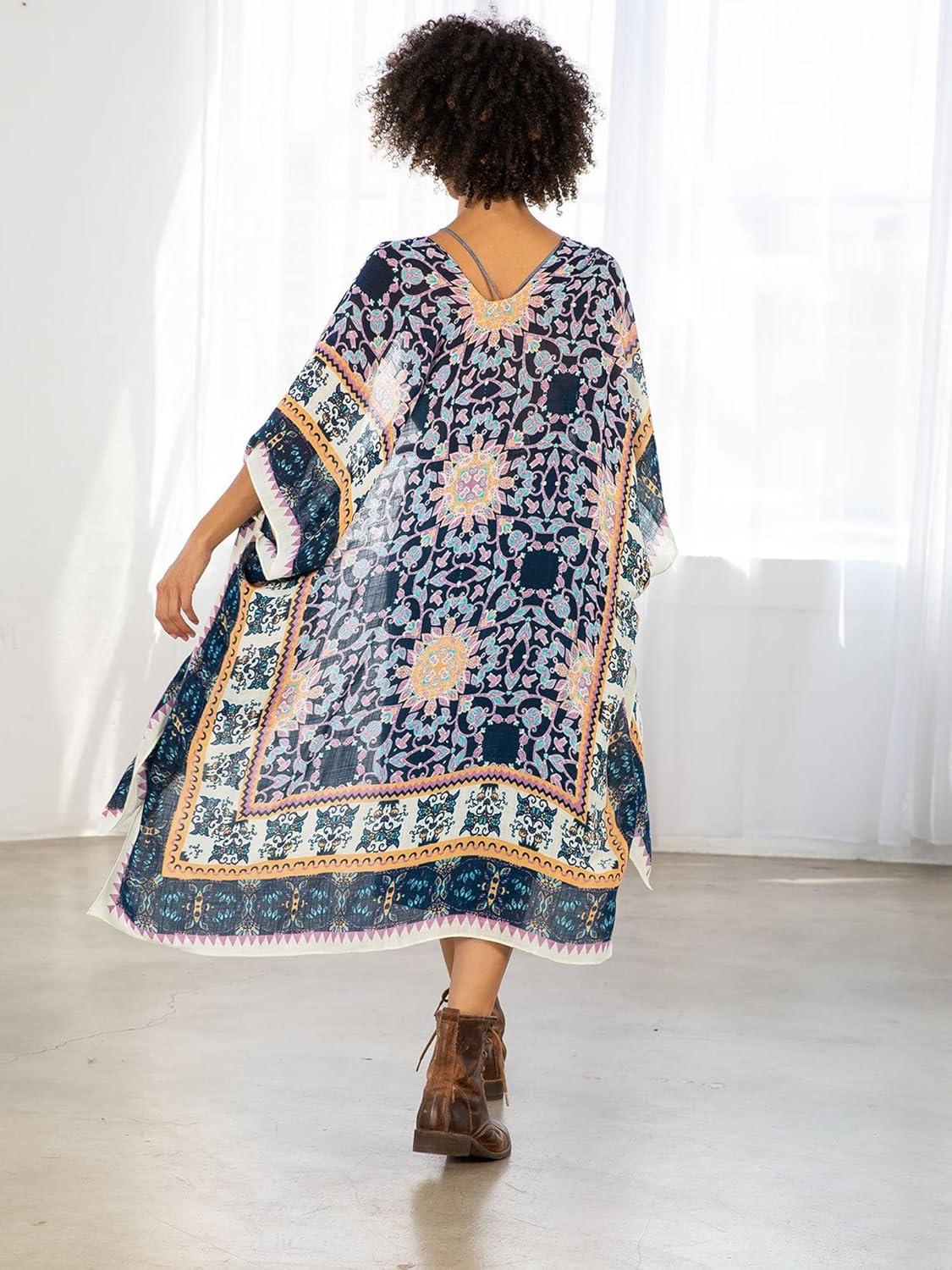 imageMoss Rose Womens Beach Cover up Swimsuit Kimono with Bohemian Floral Print Loose Casual Resort WearF Geometric Melange
