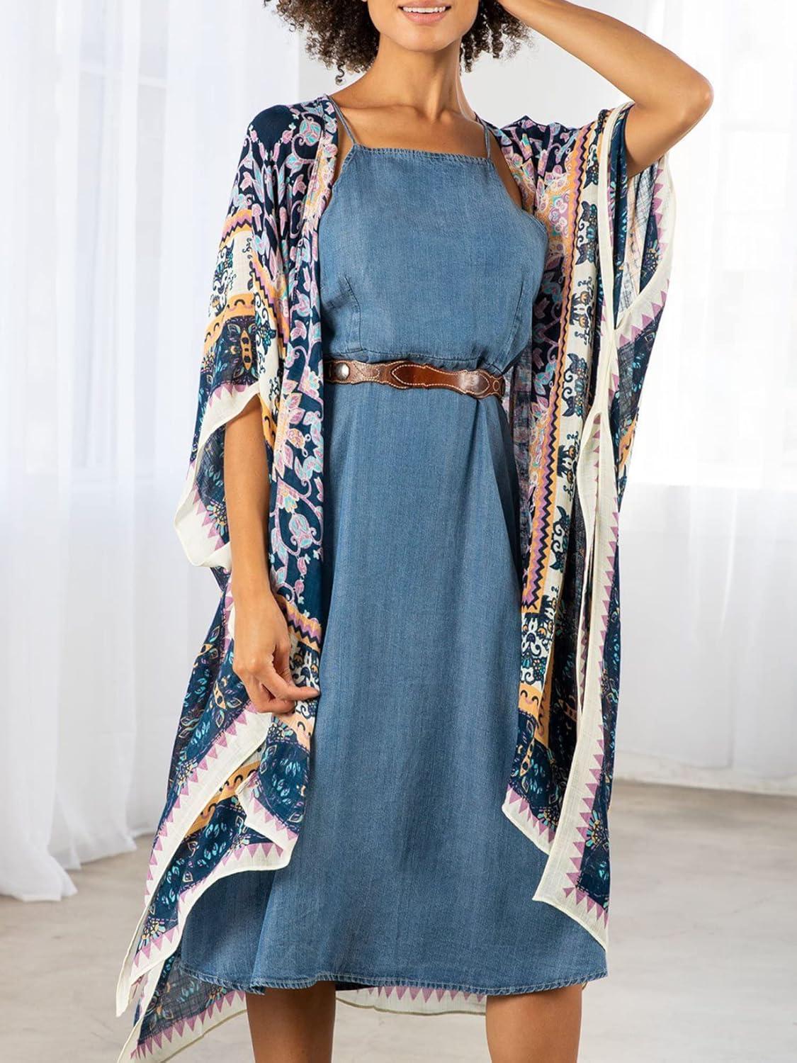imageMoss Rose Womens Beach Cover up Swimsuit Kimono with Bohemian Floral Print Loose Casual Resort WearF Geometric Melange