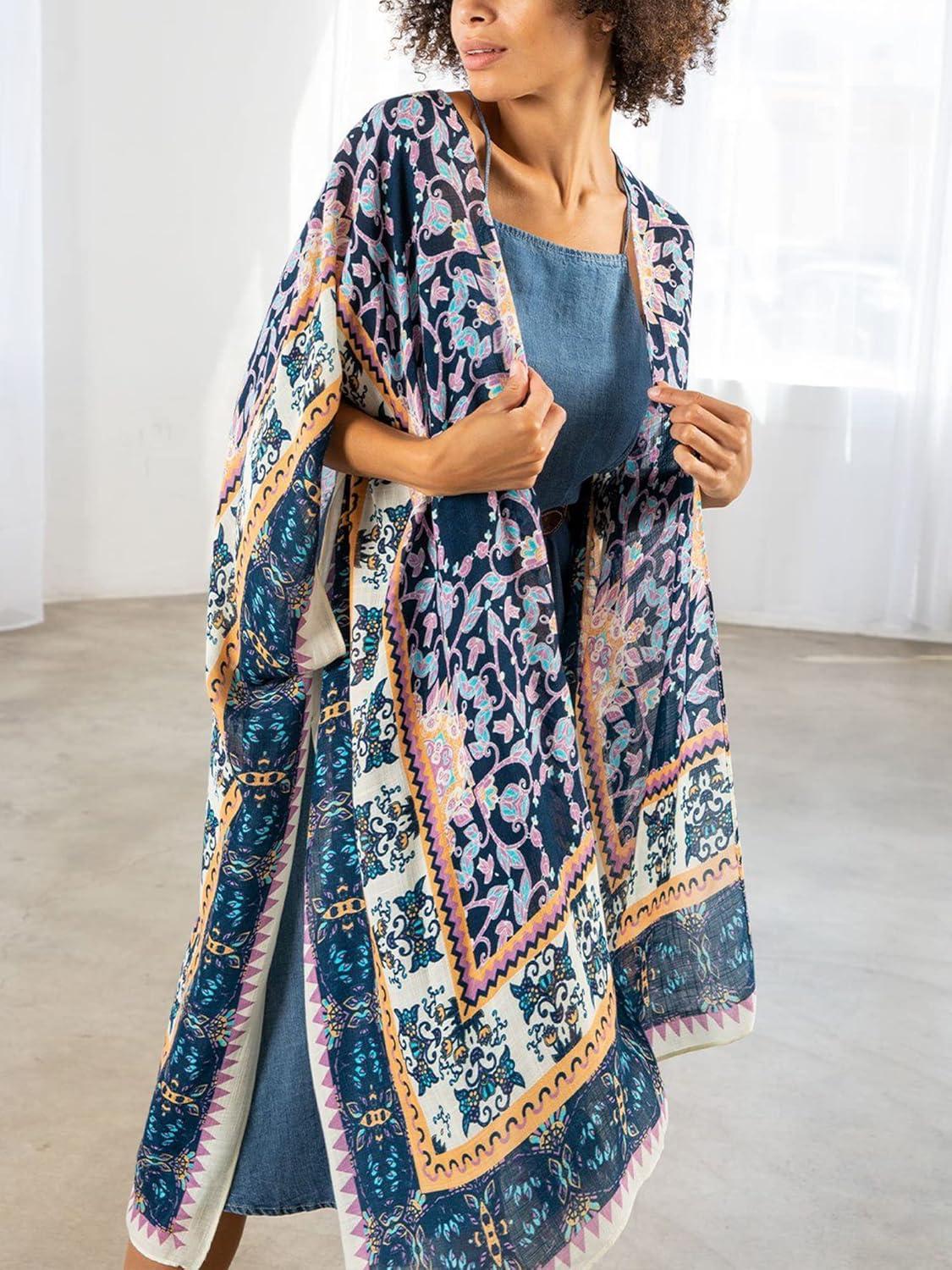 imageMoss Rose Womens Beach Cover up Swimsuit Kimono with Bohemian Floral Print Loose Casual Resort WearF Geometric Melange