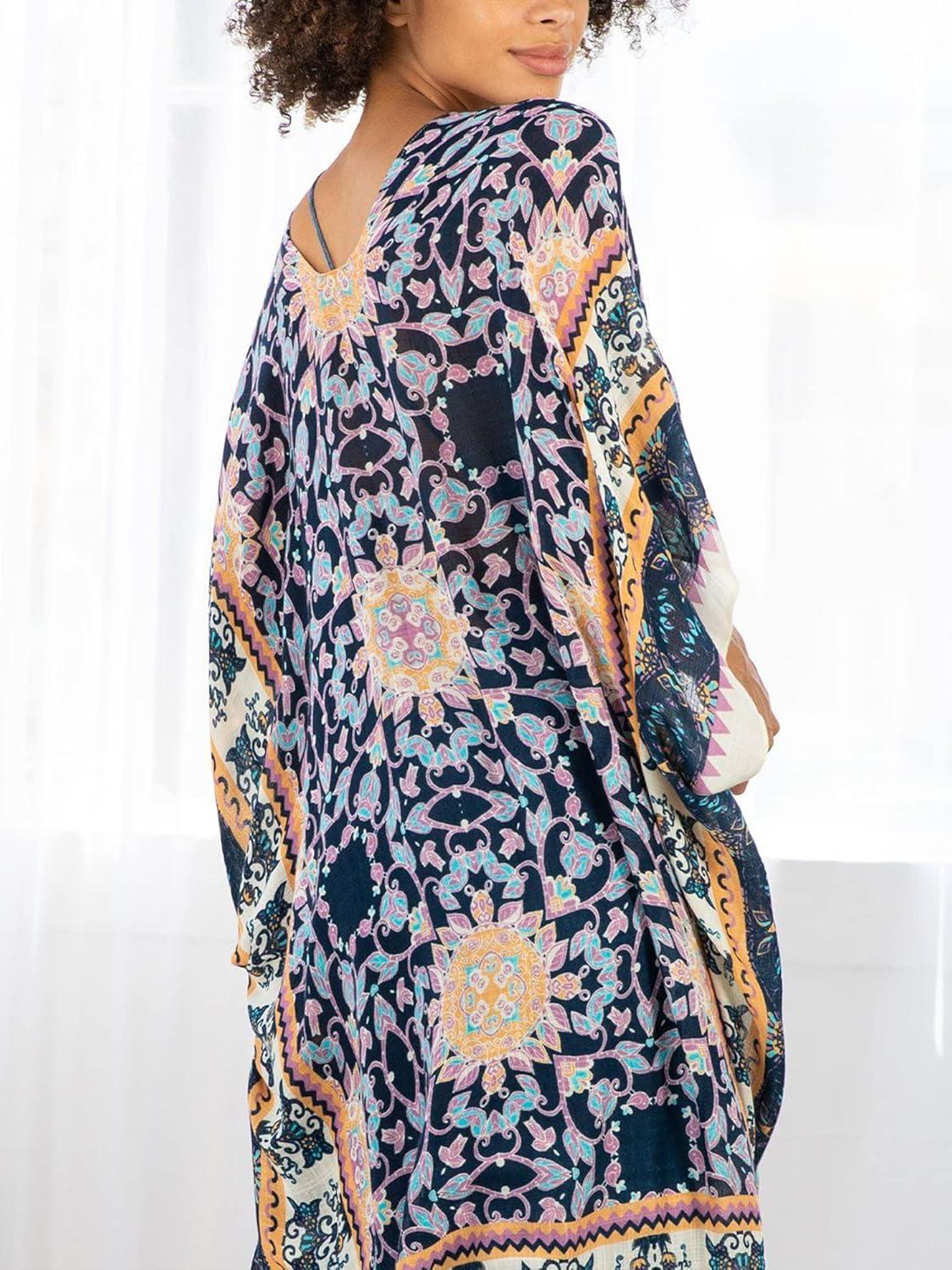 imageMoss Rose Womens Beach Cover up Swimsuit Kimono with Bohemian Floral Print Loose Casual Resort WearF Geometric Melange