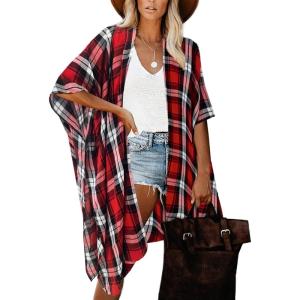 Moss Rose Women’s Beach Cover up Swimsuit Kimono with Bohemian Floral Print, Loose Casual Resort Wear(B Red Black Plaid)