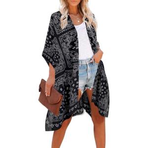 Moss Rose Women’s Beach Cover up Swimsuit Kimono with Bohemian Floral Print, Loose Casual Resort Wear(F Black Mestry)