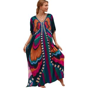 Moss Rose Kaftan Dresses for Women V Neck Summer Swimsuit Cover up Caftan Maxi Beach Dresses(A-colorful 1)