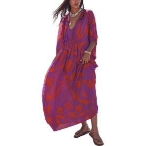 Moss Rose Kaftan Dresses for Women V Neck Summer Swimsuit Cover up Caftan Maxi Beach Dresses(D Magenta Orange Floral)