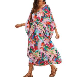 Moss Rose Kaftan Dresses for Women V Neck Summer Swimsuit Cover up Caftan Maxi Beach Dresses(D-colorful Red)