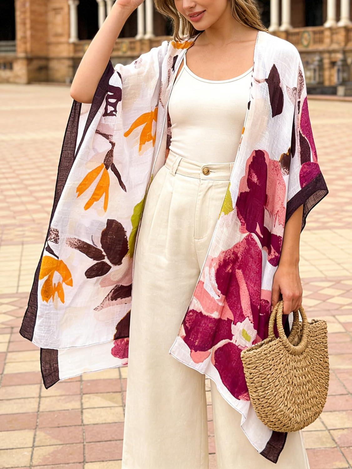 imageMoss Rose Womens Beach Cover up Swimsuit Kimono with Bohemian Floral Print Loose Casual Resort WearB Multicolor 4