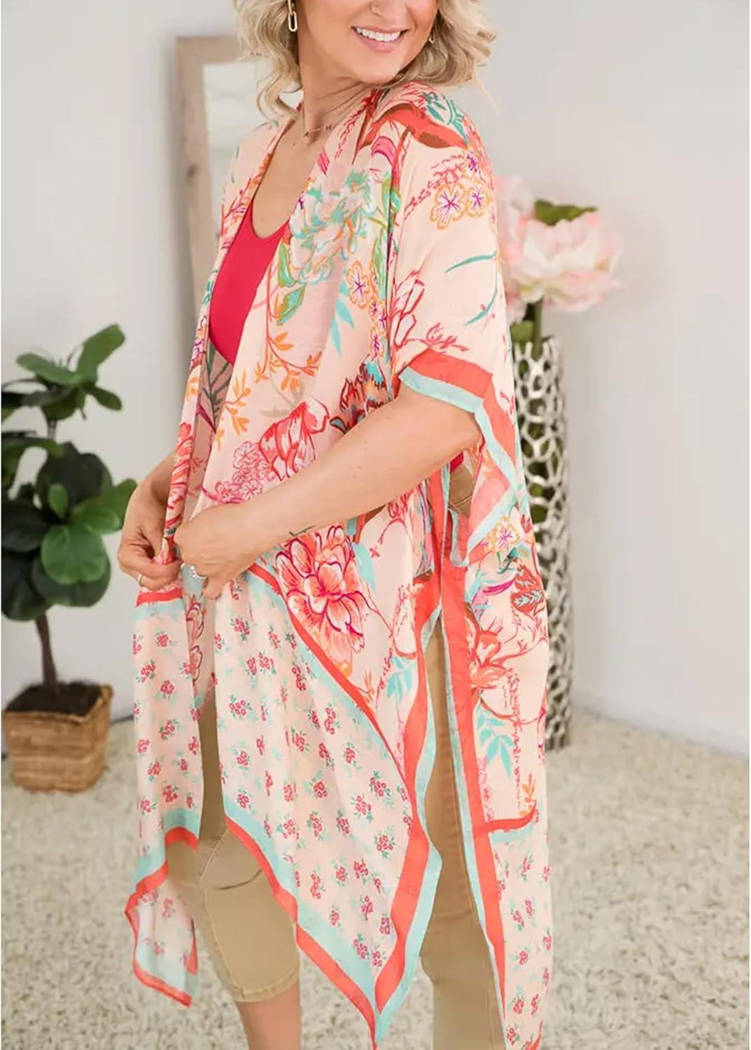 imageMoss Rose Womens Beach Cover up Swimsuit Kimono with Bohemian Floral Print Loose Casual Resort WearF Multicolor Red Print