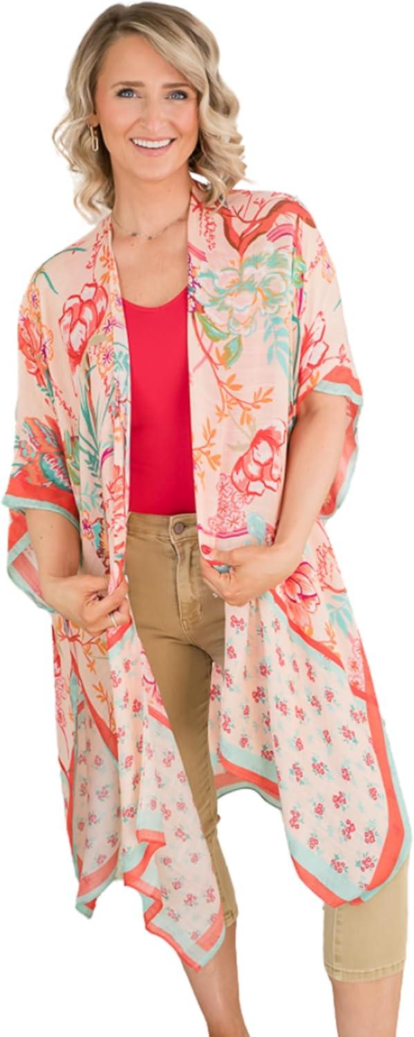 imageMoss Rose Womens Beach Cover up Swimsuit Kimono with Bohemian Floral Print Loose Casual Resort WearF Multicolor Red Print