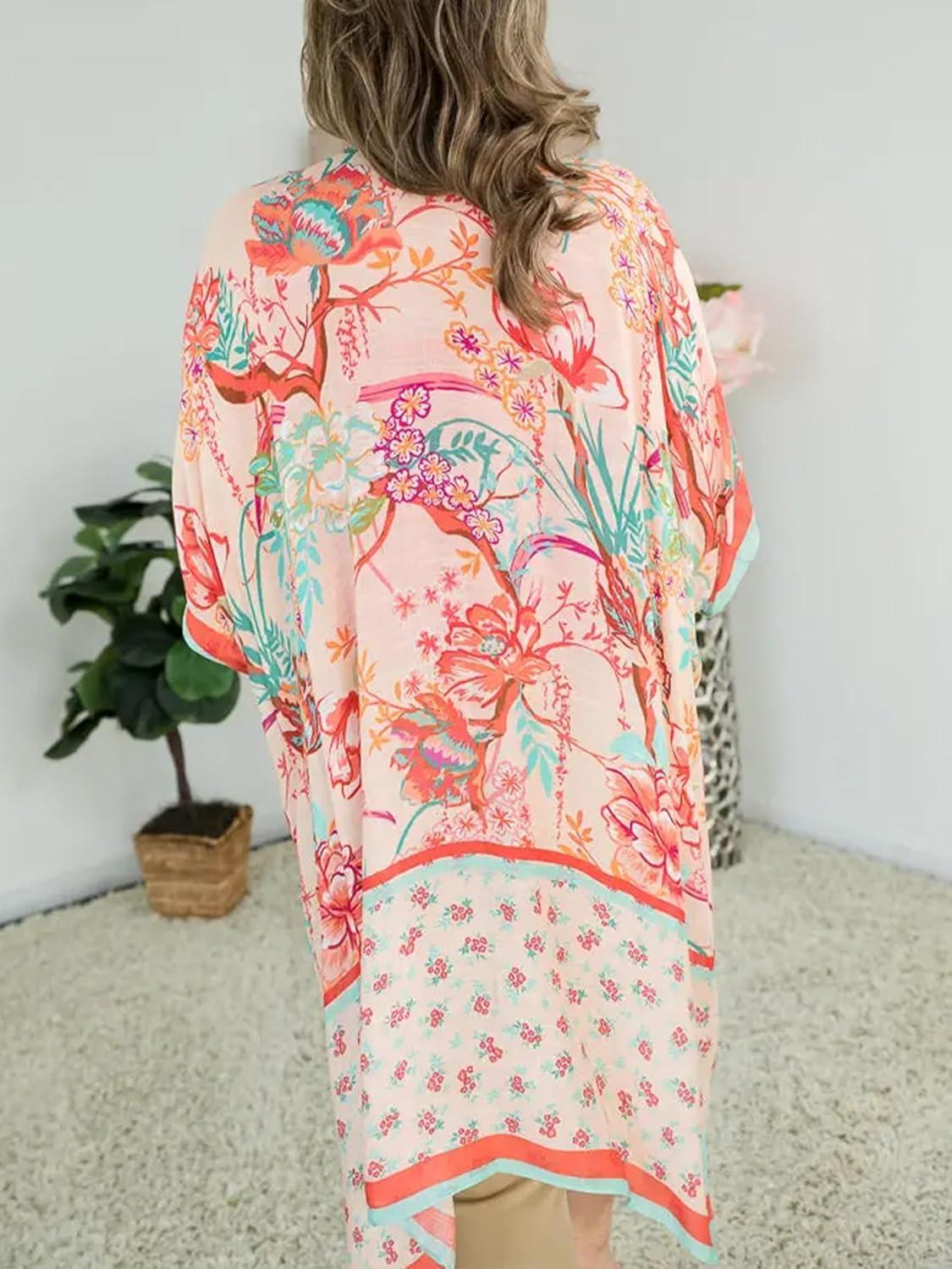 imageMoss Rose Womens Beach Cover up Swimsuit Kimono with Bohemian Floral Print Loose Casual Resort WearF Multicolor Red Print