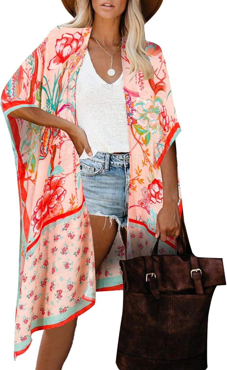 imageMoss Rose Womens Beach Cover up Swimsuit Kimono with Bohemian Floral Print Loose Casual Resort WearF Multicolor Red Print