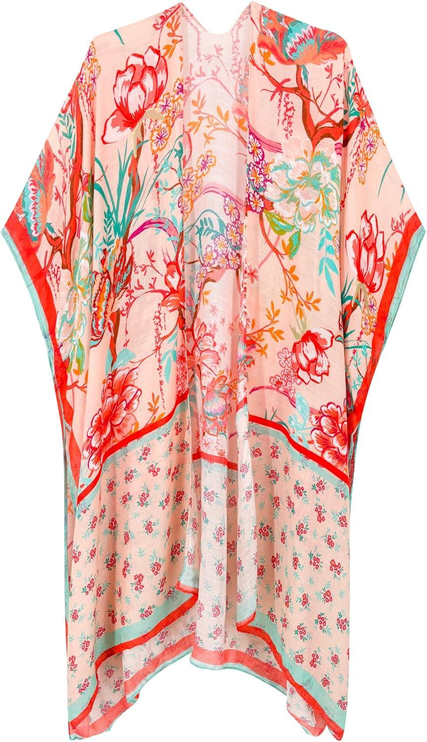 imageMoss Rose Womens Beach Cover up Swimsuit Kimono with Bohemian Floral Print Loose Casual Resort WearF Multicolor Red Print