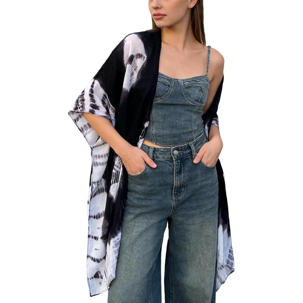 imageMoss Rose Womens Beach Cover up Swimsuit Kimono with Bohemian Floral Print Loose Casual Resort WearFa Black
