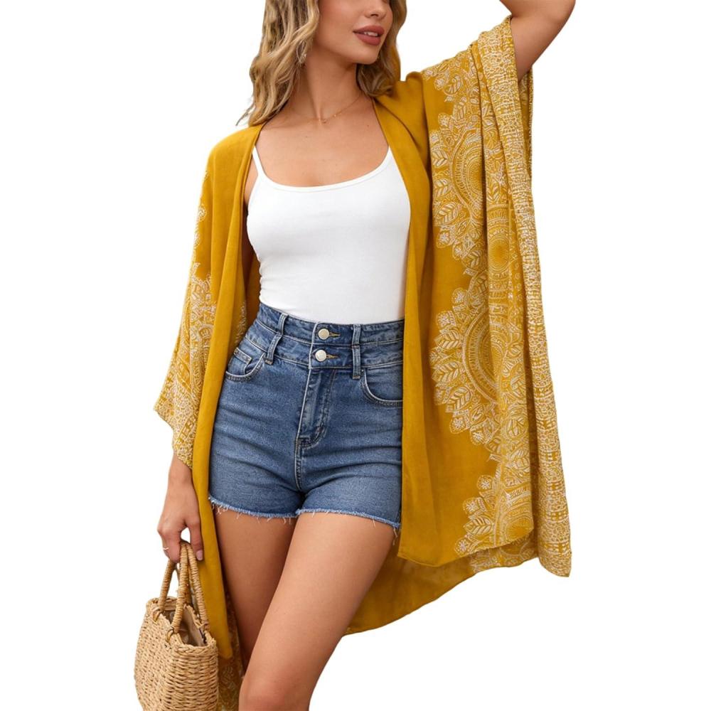 imageMoss Rose Womens Beach Cover up Swimsuit Kimono with Bohemian Floral Print Loose Casual Resort WearMustard